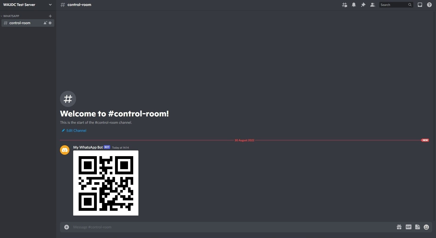 Historical Discord control channel with an expired WhatsApp QR code