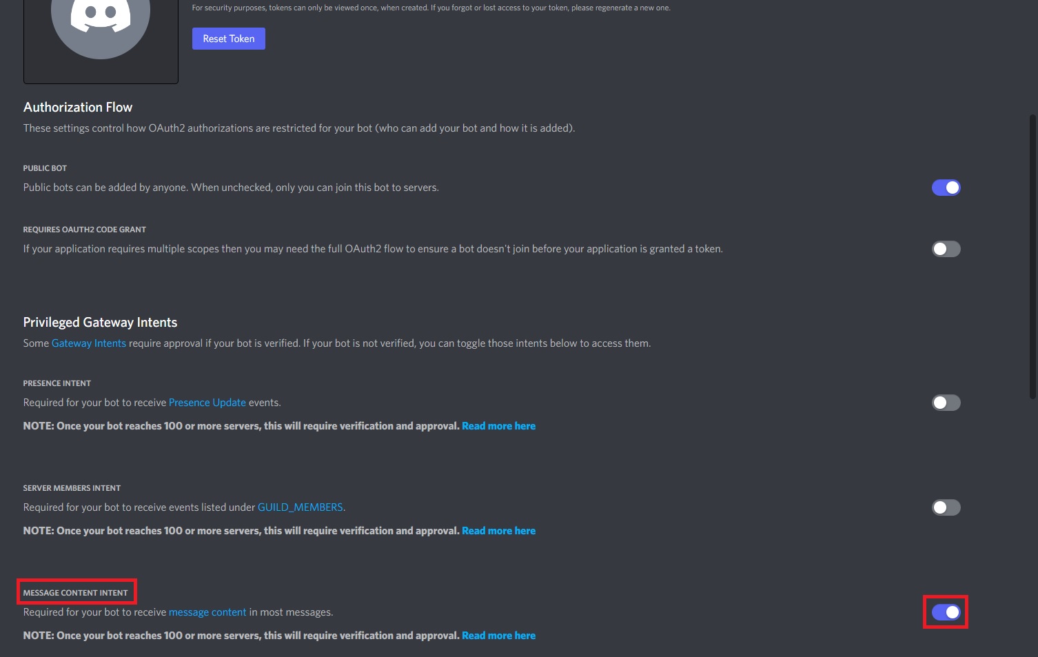 Historical Discord Message Content Intent toggle