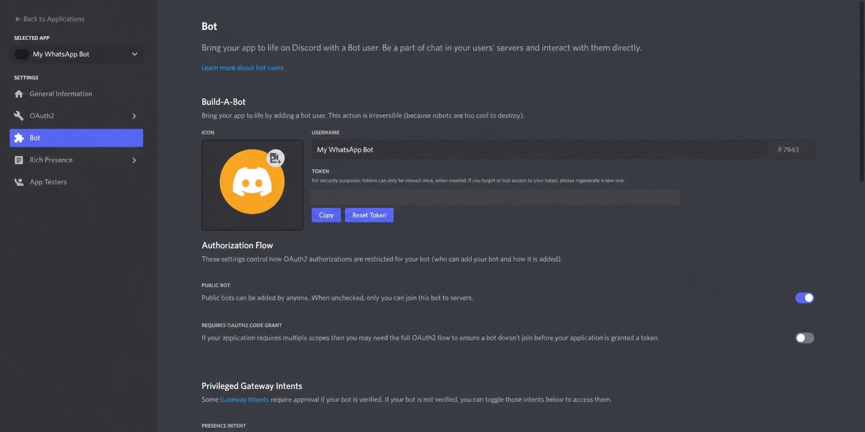 Historical Discord Bot page with the credential redacted